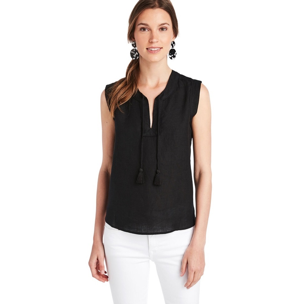 Vineyard vine black linen tassel top nwt Notch Neck Tassel Popover